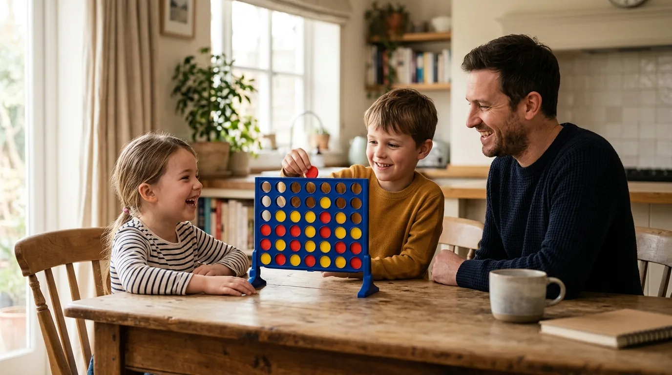 Two kids playing Connect Four with a parent at a kitchen table, showing why Connect Four for kids is a friendly family board game