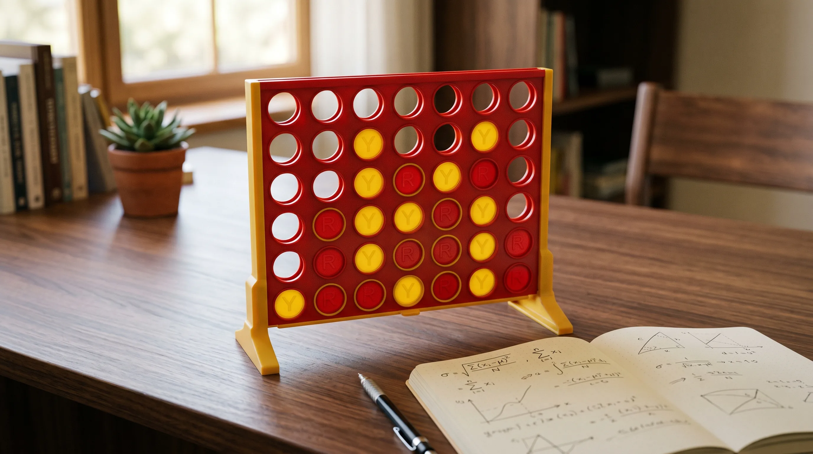 A thoughtful Connect Four game theory scene with a red and yellow board, notebook sketches, and a mid-game position on a desk