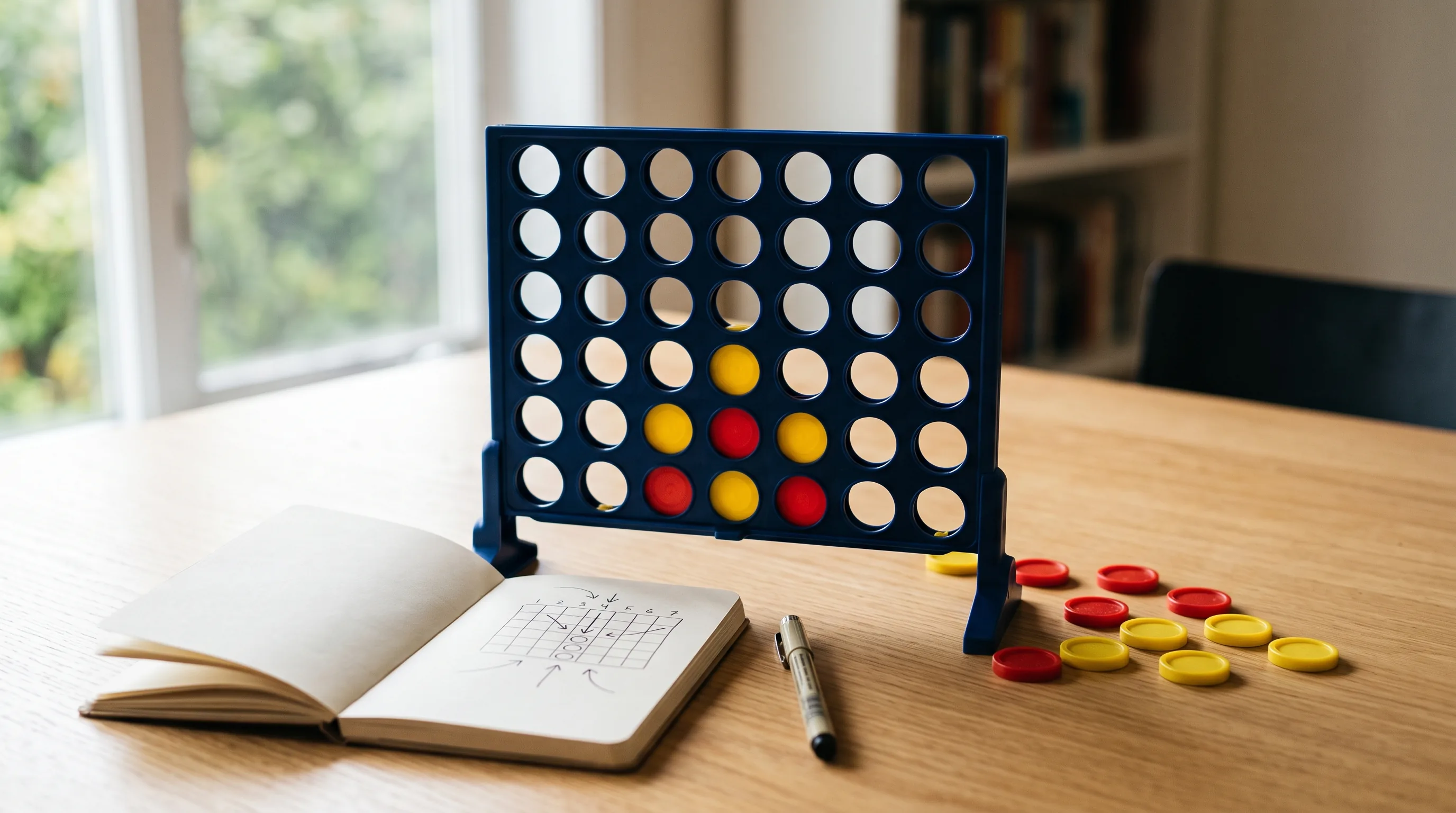 A Connect Four board on a tabletop with chips placed near the center column, illustrating the best opening move in Connect Four