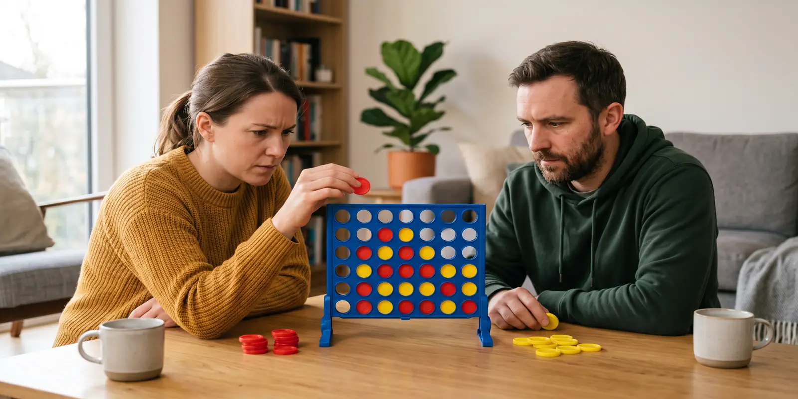 Two friends studying a board during a Connect Four two player match, with red and yellow discs arranged for a tense human-versus-human game
