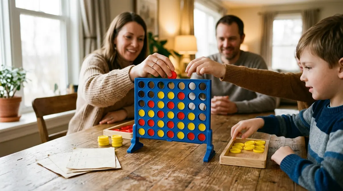 A Connect Four board on a family game table with red and yellow discs and blank house-rule cards, introducing Connect Four variations