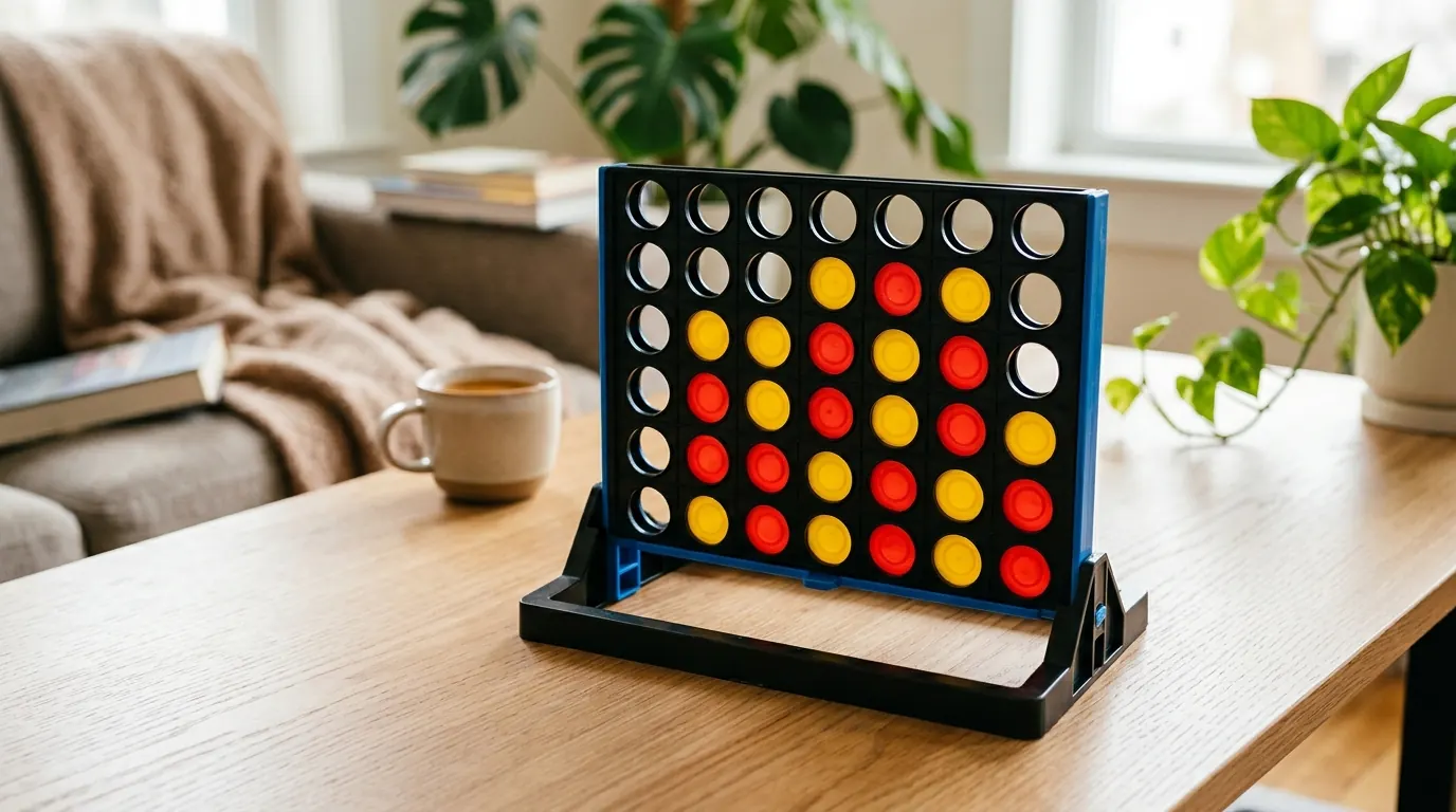 A strategic Connect Four board with red and yellow chips arranged for a tense mid-game position, illustrating how to win at Connect Four through planning and pattern recognition
