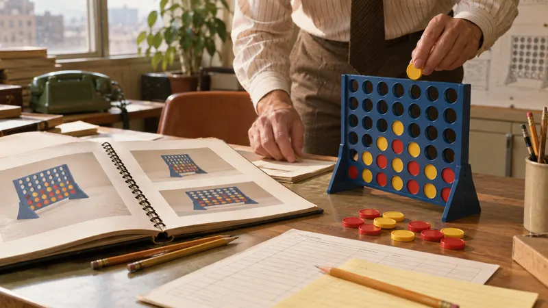 A period toy-company catalog desk and vertical game prototype showing the 1974 commercial release after Howard Wexler invented Connect Four