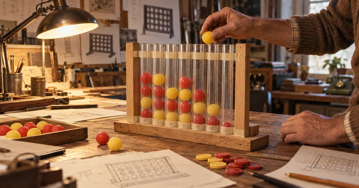A 1970s toy inventor testing a handmade vertical prototype, illustrating who invented Connect Four